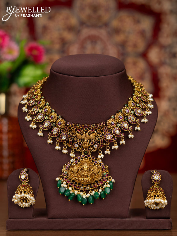 Antique necklace lakshmi & manga design with kemp & kundan stones and pearl & green beads hangings