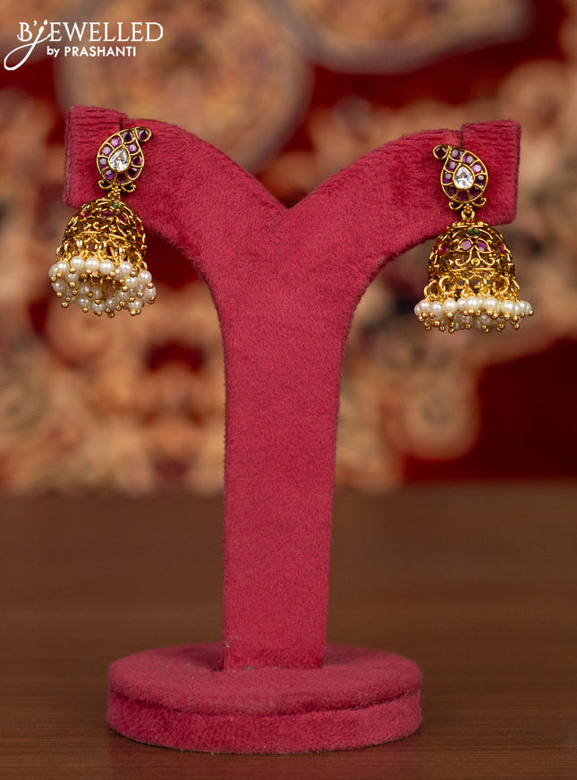 Antique necklace lakshmi & manga design with kemp & kundan stones and pearl & green beads hangings
