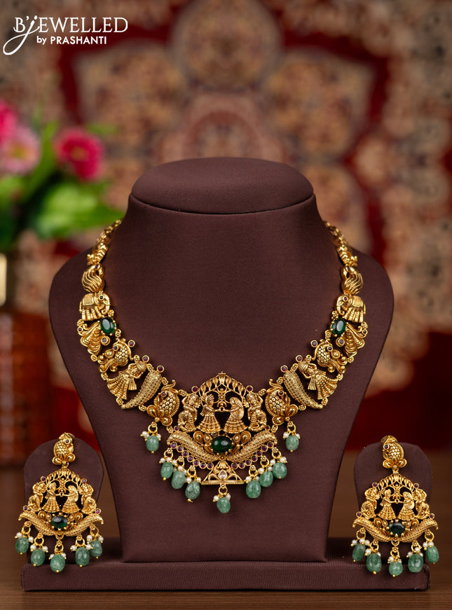 Antique necklace with kemp & cz stones and pearl & mint green beads hangings