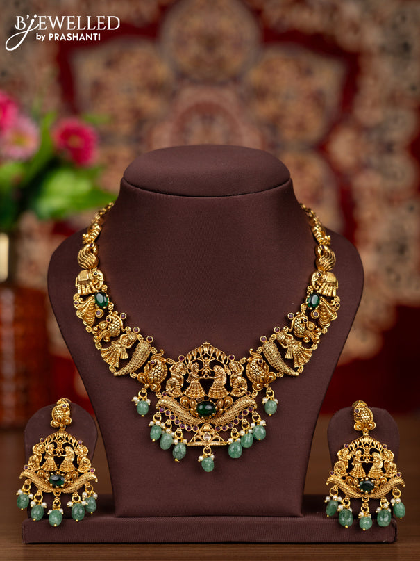 Antique necklace with kemp & cz stones and pearl & mint green beads hangings