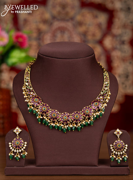 Antique necklace floral design with kemp & cz stones and pearl & green beads hangings