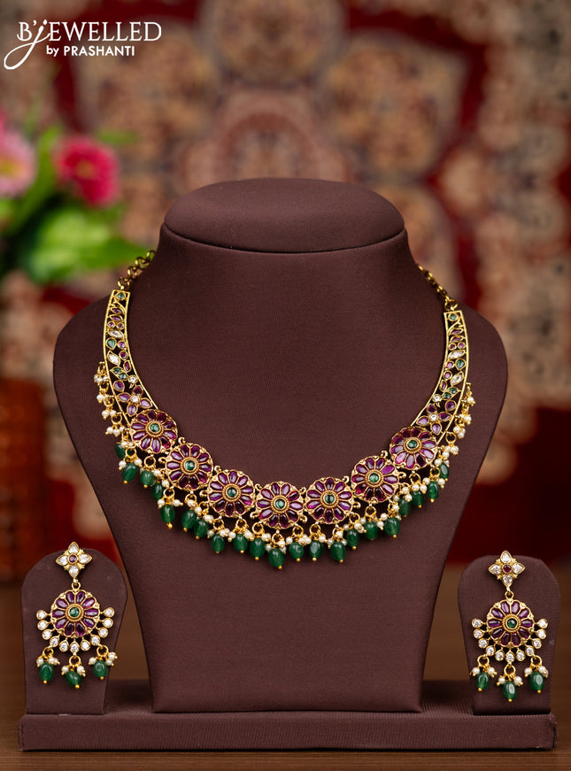 Antique necklace floral design with kemp & cz stones and pearl & green beads hangings