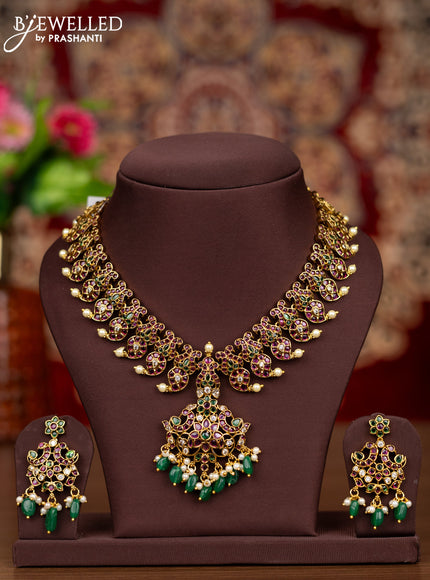 Antique necklace manga pattern with kemp & cz stones and pearl & green beads hangings