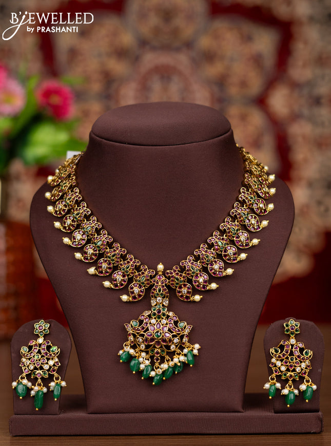 Antique necklace manga pattern with kemp & cz stones and pearl & green beads hangings