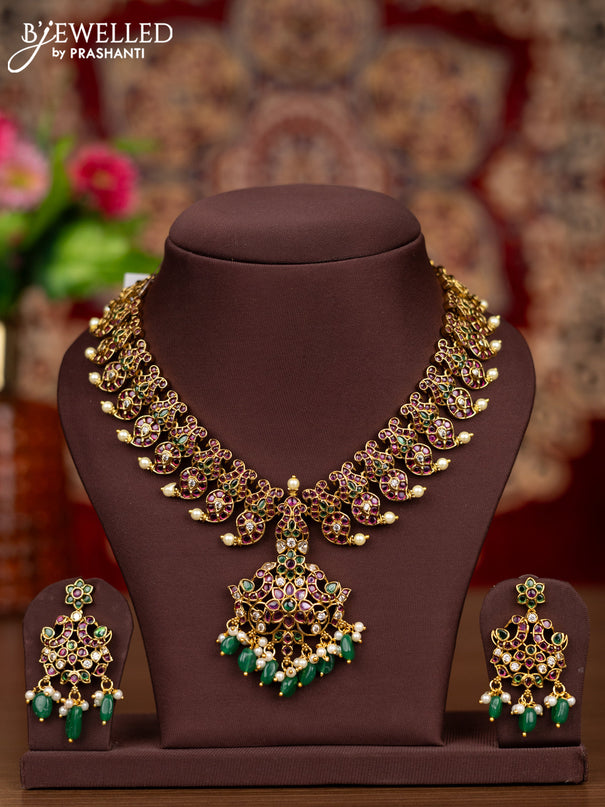 Antique necklace manga pattern with kemp & cz stones and pearl & green beads hangings