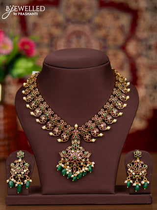 Antique necklace manga pattern with kemp & cz stones and pearl & green beads hangings