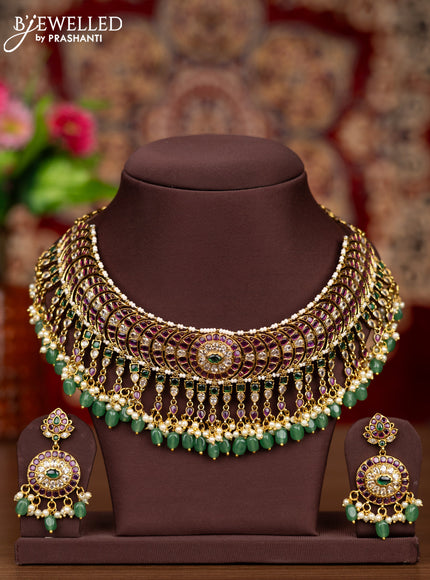 Antique necklace with kemp & kundan stones and pearl & mint green beads hangings