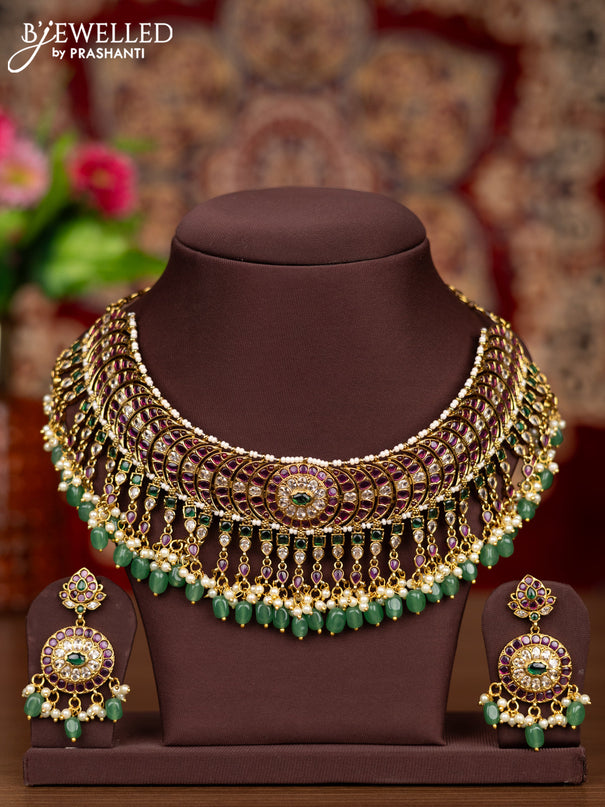 Antique necklace with kemp & kundan stones and pearl & mint green beads hangings