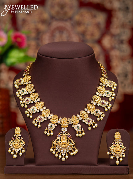 Antique necklace lakshmi & manga design with kemp & cz stones and pearl hangings