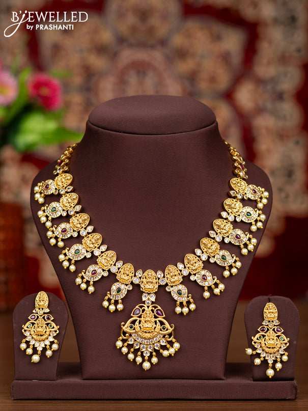 Antique necklace lakshmi & manga design with kemp & cz stones and pearl hangings