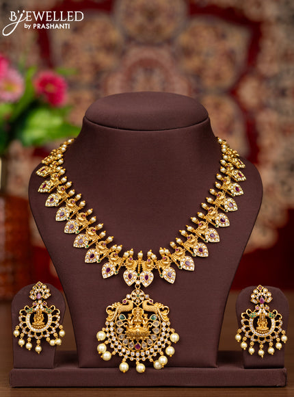 Antique necklace lakshmi design with kemp & cz stones and pearl hangings