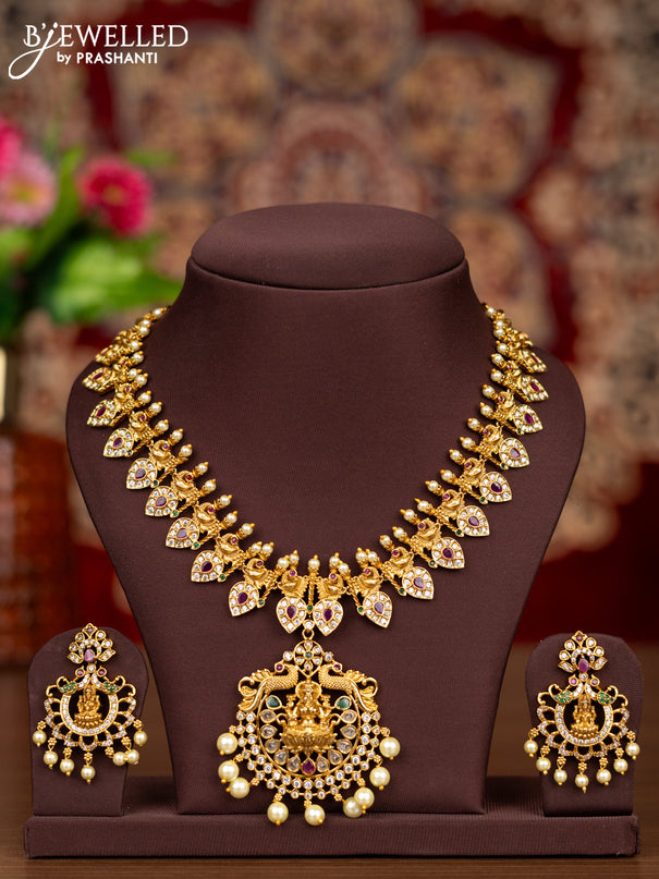 Antique necklace lakshmi design with kemp & cz stones and pearl hangings