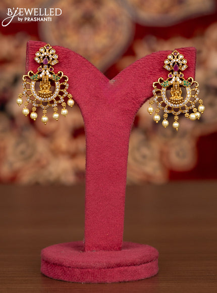 Antique necklace lakshmi design with kemp & cz stones and pearl hangings