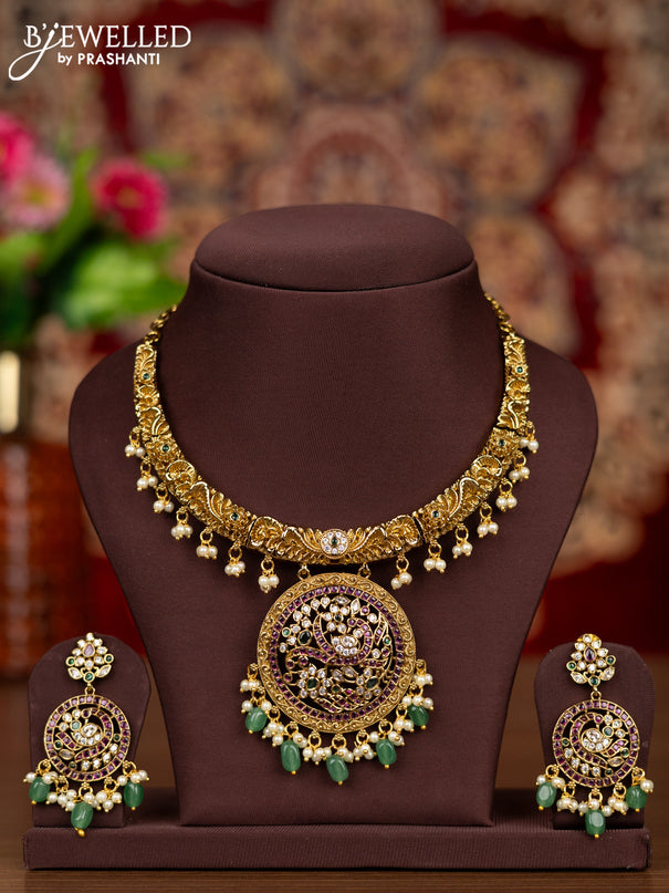 Antique necklace with kemp & cz stones and pearl & mint green beads hangings