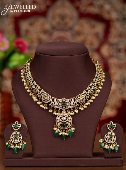 Antique necklace with emerald & kundan cz stones and pearl & green beads hangings