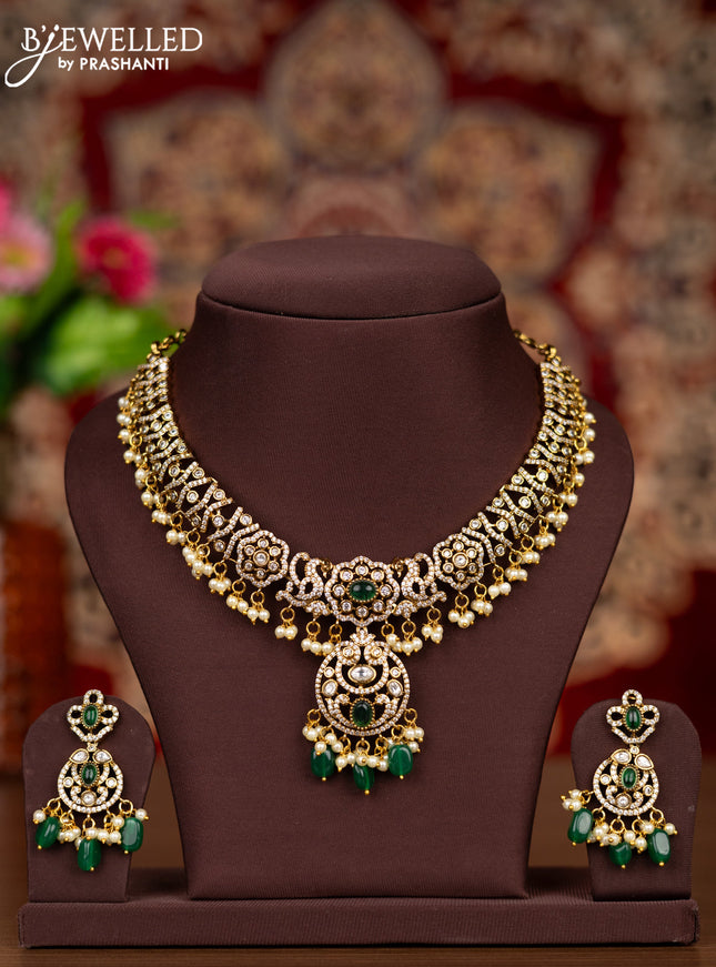 Antique necklace with emerald & kundan cz stones and pearl & green beads hangings
