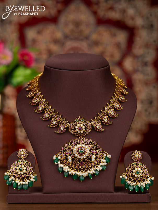 Antique necklace manga pattern with kemp & kundan cz stones and pearl & green beads hangings