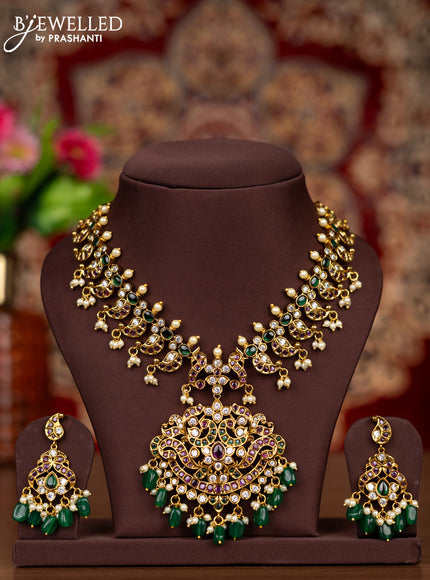 Antique necklace manga pattern with kemp & kundan cz stones and pearl & green beads hangings