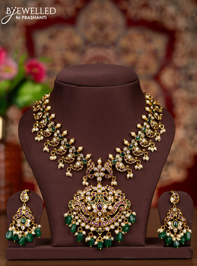 Antique necklace manga pattern with kemp & kundan cz stones and pearl & green beads hangings