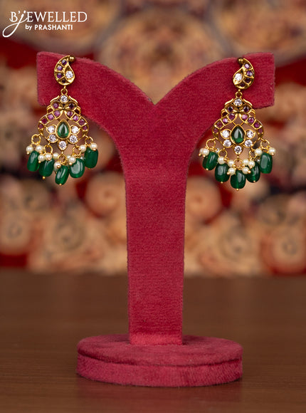 Antique necklace manga pattern with kemp & kundan cz stones and pearl & green beads hangings