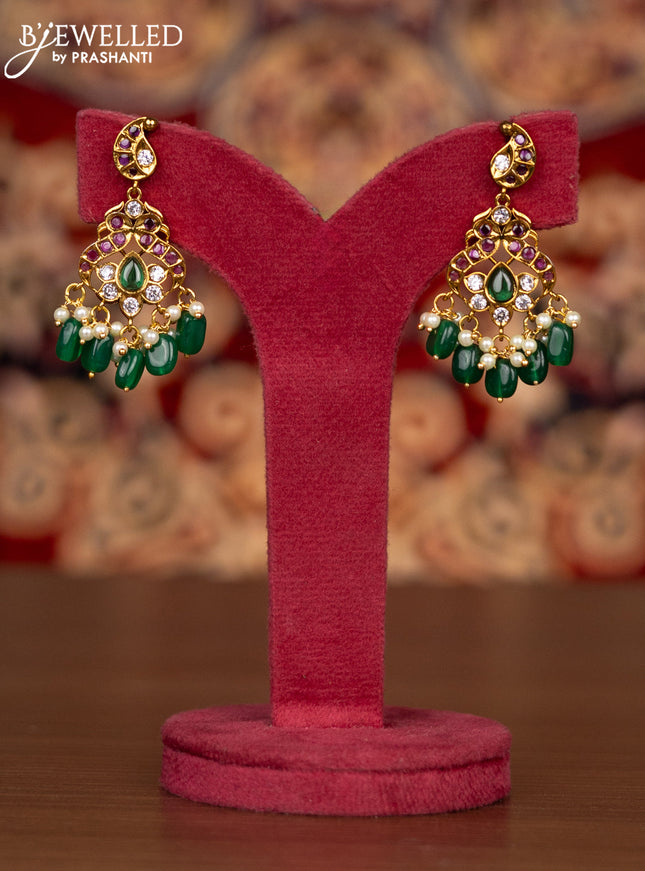 Antique necklace manga pattern with kemp & kundan cz stones and pearl & green beads hangings