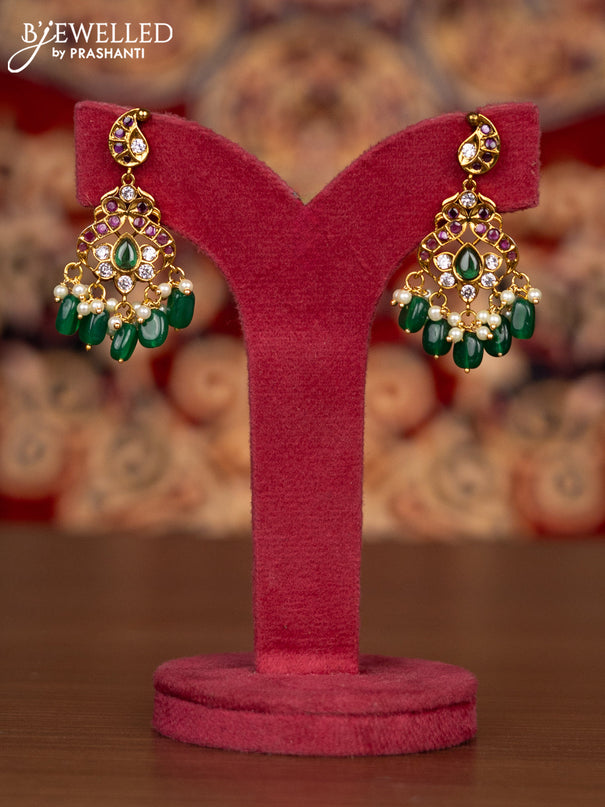 Antique necklace manga pattern with kemp & kundan cz stones and pearl & green beads hangings