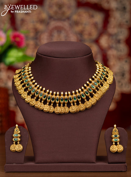 Antique necklace lakshmi kasu design with emerald stones and pearls