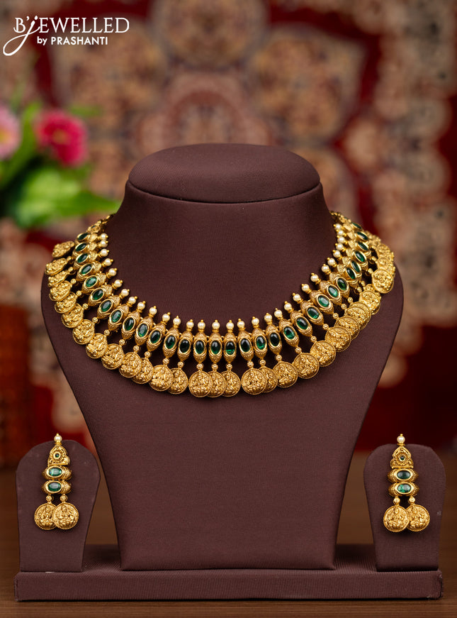 Antique necklace lakshmi kasu design with emerald stones and pearls