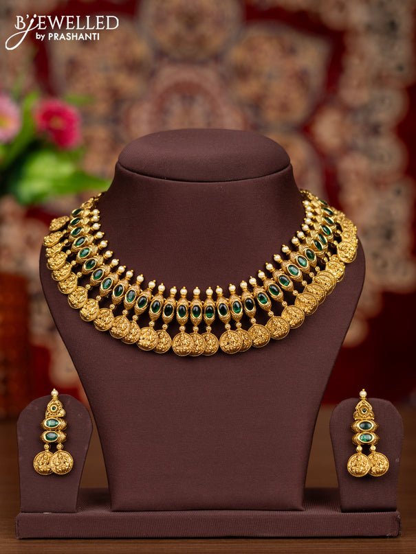Antique necklace lakshmi kasu design with emerald stones and pearls