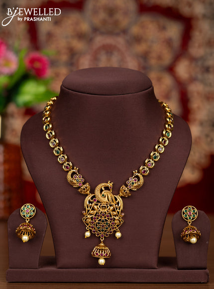 Antique necklace peacock design with kemp stones and pearl hanging