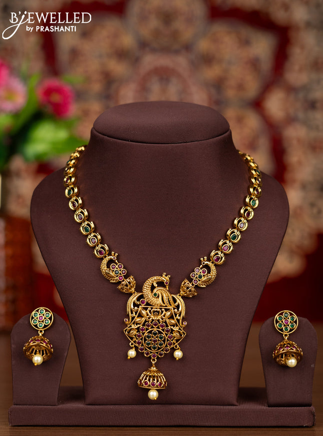 Antique necklace peacock design with kemp stones and pearl hanging