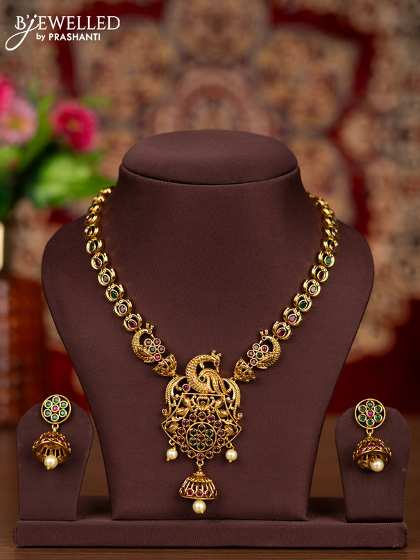 Antique necklace peacock design with kemp stones and pearl hanging