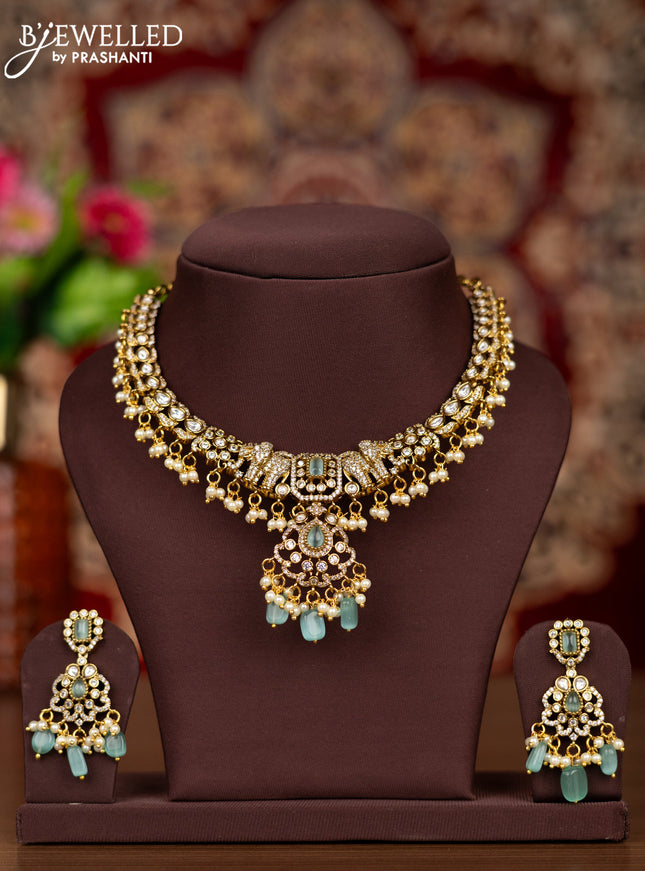 Antique necklace elephant design with mint greeb & kundan cz stones and pearl & beads hangings