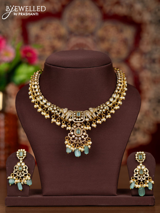Antique necklace elephant design with mint greeb & kundan cz stones and pearl & beads hangings