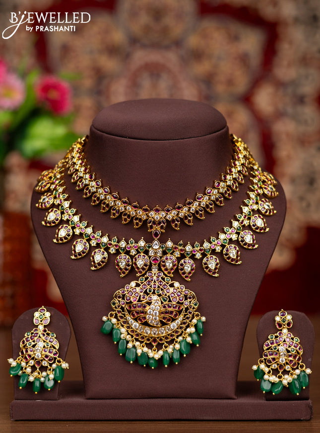 Antique double layer necklace manga pattern with kemp & kundan stones and pearl & green beads hangings
