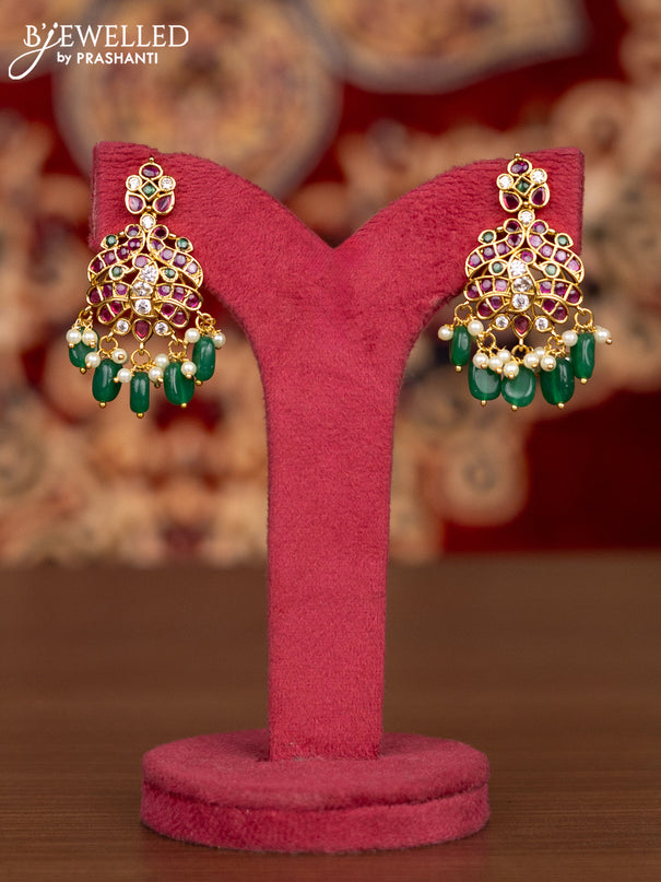Antique double layer necklace manga pattern with kemp & kundan stones and pearl & green beads hangings