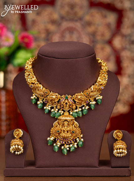 Antique necklace lakshmi & tirupati balaji design  with kemp & cz stones and pearl & mint green hangings