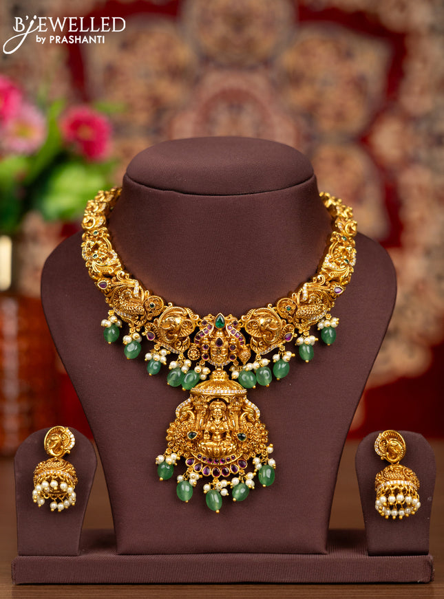 Antique necklace lakshmi & tirupati balaji design  with kemp & cz stones and pearl & mint green hangings