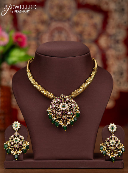 Antique necklace with kemp & kundan stones and pearl & green beads hangings