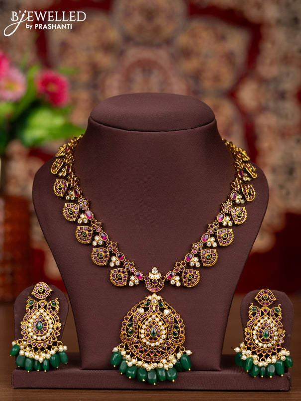 Antique necklace with kemp & cz stones and pearl & green beads hangings