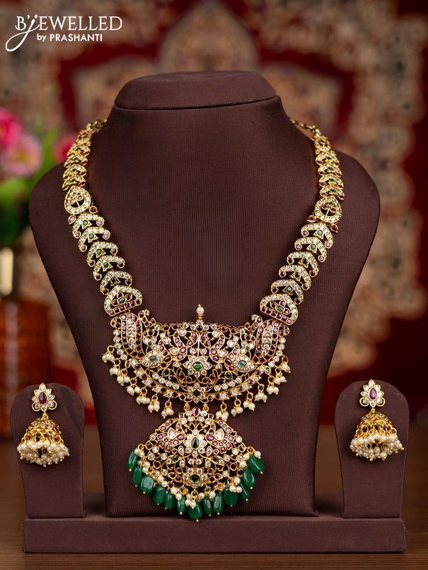 Antique necklace with kemp & cz stones and pearl & green beads hangings