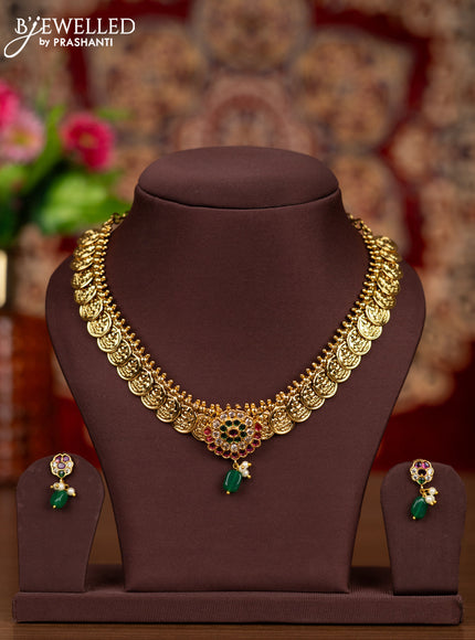 Antique necklace lakshmi kasu design with kemp & cz stones and pearl & green beads hangings