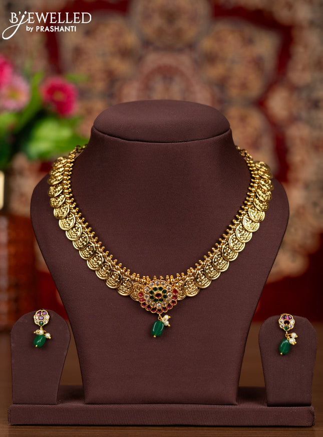 Antique necklace lakshmi kasu design with kemp & cz stones and pearl & green beads hangings
