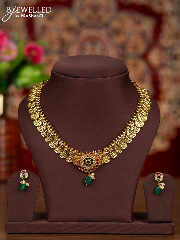 Antique necklace lakshmi kasu design with kemp & cz stones and pearl & green beads hangings