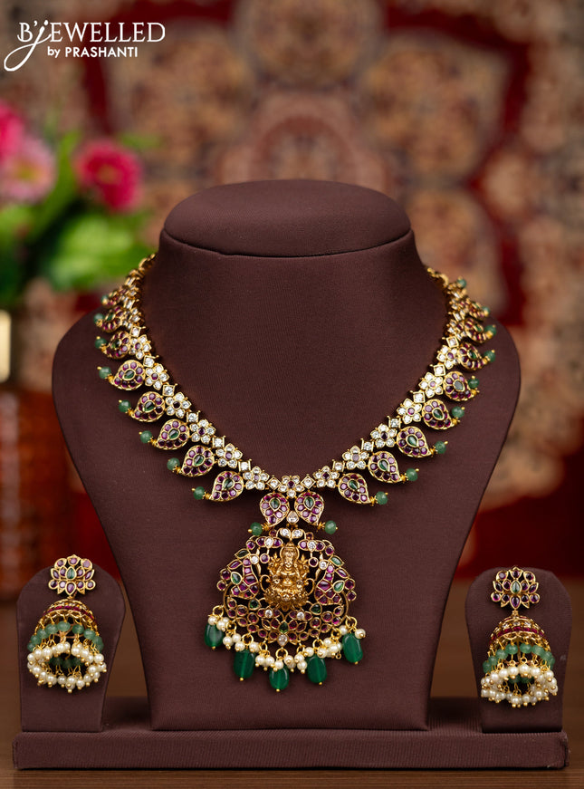 Antique 3 changable pendant necklace with lakshmi & manga design and pearl & beads hangings