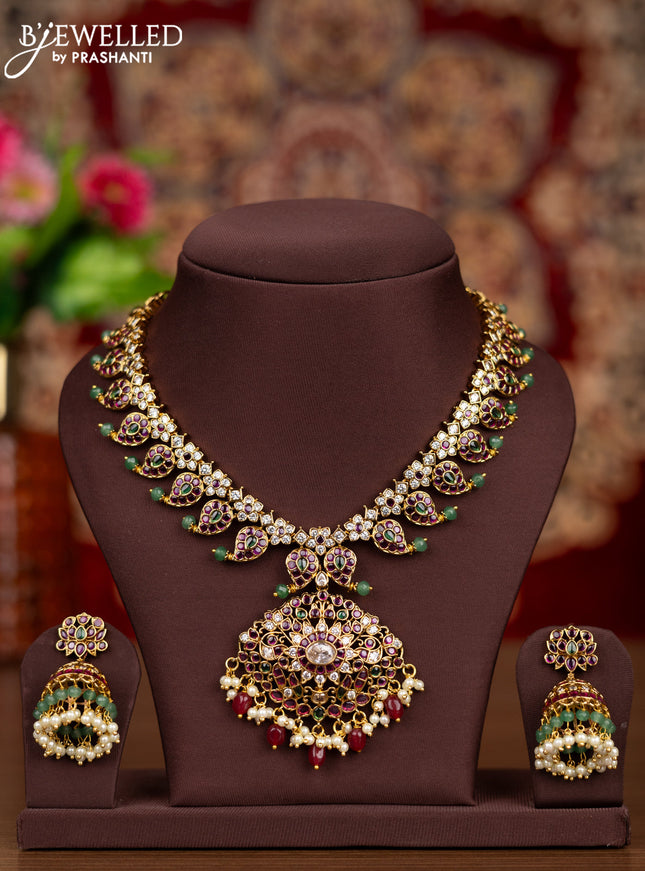 Antique 3 changable pendant necklace with lakshmi & manga design and pearl & beads hangings