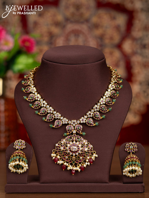 Antique 3 changable pendant necklace with lakshmi & manga design and pearl & beads hangings