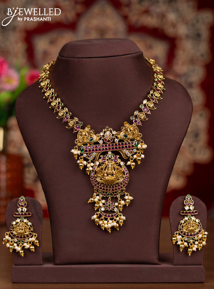 Antique necklace lakshmi & manga pattern with kemp & cz stones and pearl & golden beads hangings