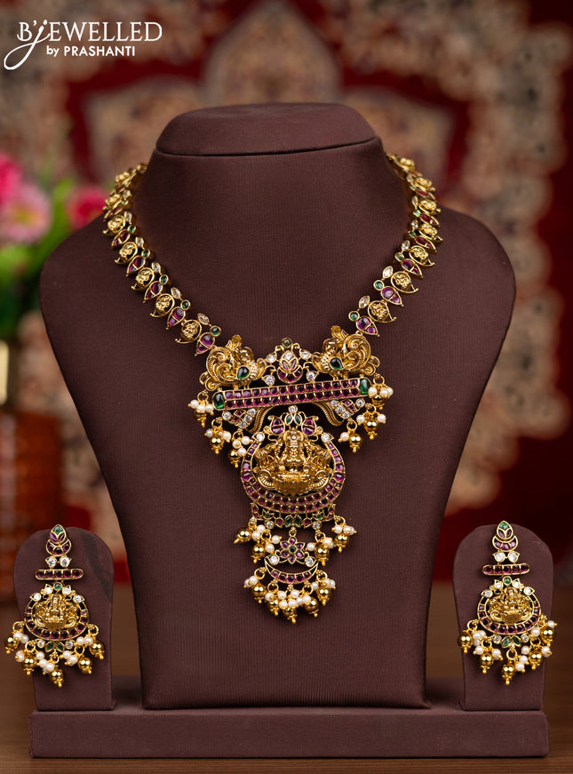 Antique necklace lakshmi & manga pattern with kemp & cz stones and pearl & golden beads hangings