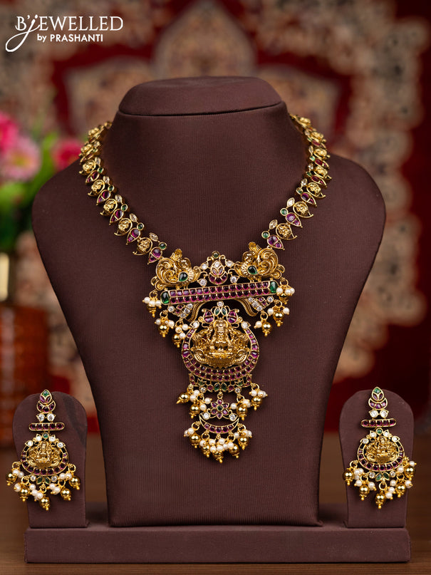 Antique necklace lakshmi & manga pattern with kemp & cz stones and pearl & golden beads hangings